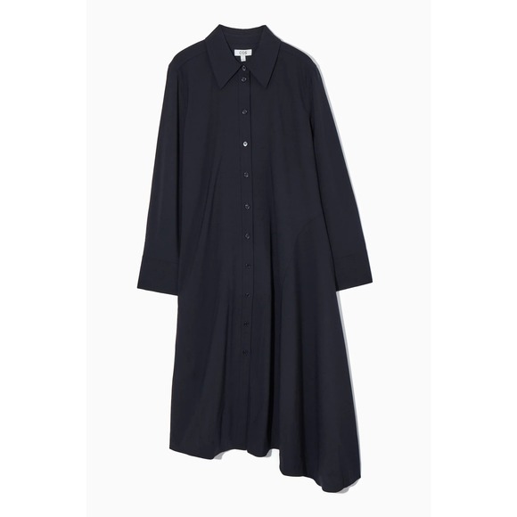 COS Navy Asymmetric Wool Shirt Dress Button Front Midi US 14 Minimalist - Picture 2 of 9